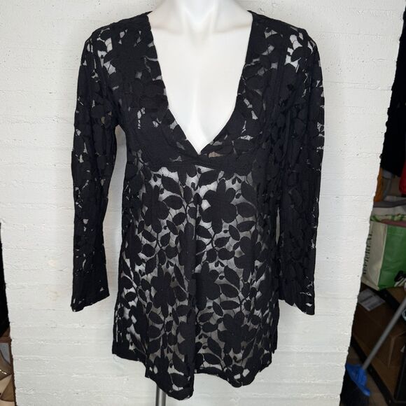 Serene Tops - Lace Long-Sleeve Deep-V Tunic M Whimsigoth Fairygoth Witchy Boho-Chic Romantic